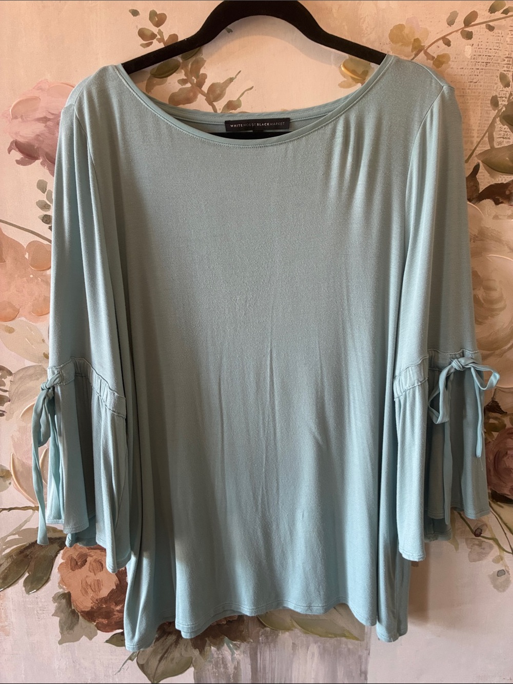 White House Black Market Blue Green Bell Sleeve Tie Top